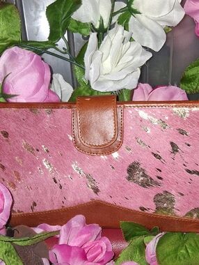 Pink Haircalf Leather Clutch with Brown Trim